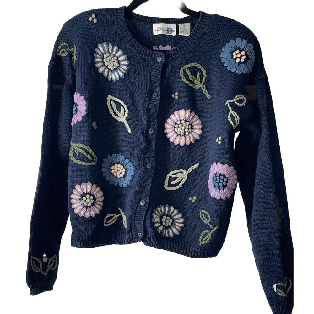 Paul Harris Design Womens Sweater S Embroidered  Blue Floral Grandmacore‎